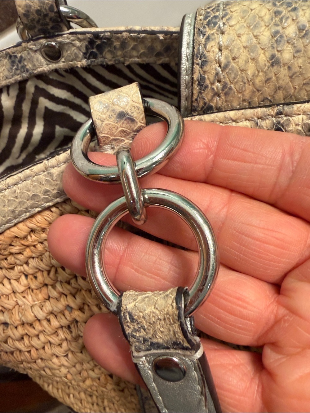 Coach Woven Straw Tote with Snake-Print Trim - Beige - Picture 6 of 11